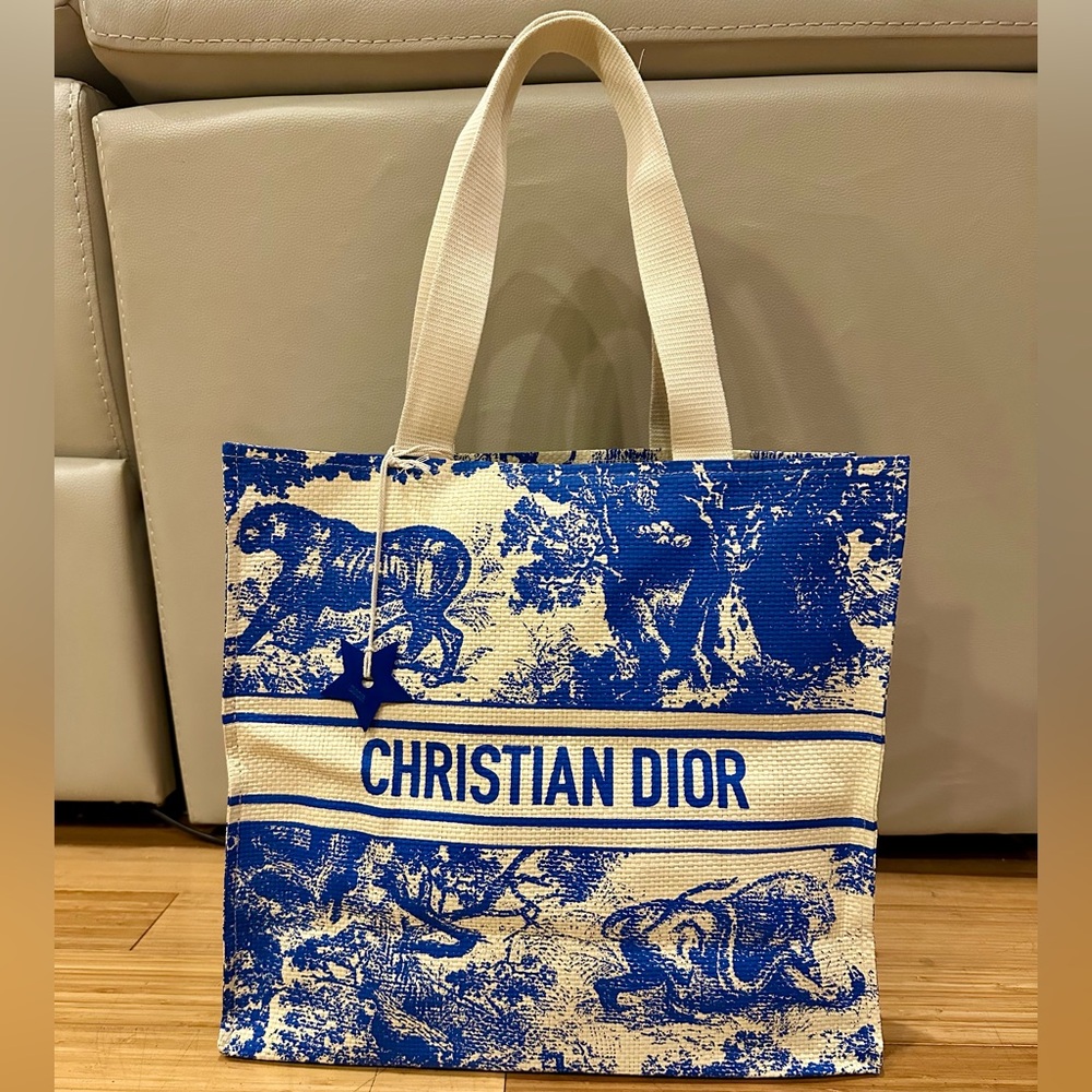 Christian Dior Dioriviera Blue and White Straw Tote Bag